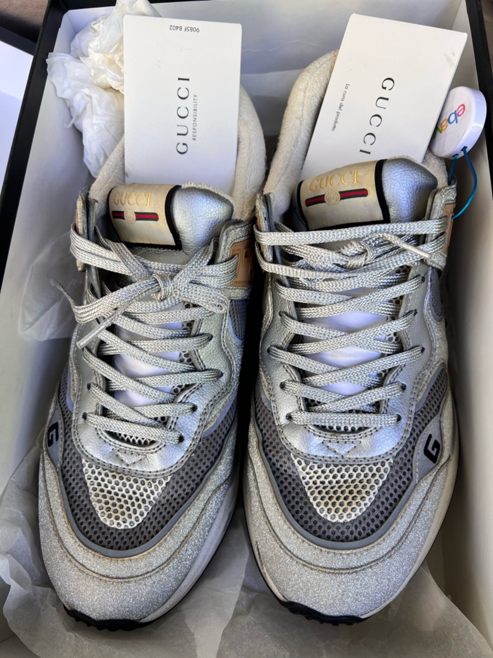 Gucci Silver Glitter & Gray Athletic Sneakers with Gold Accents - Picture 8 of 10